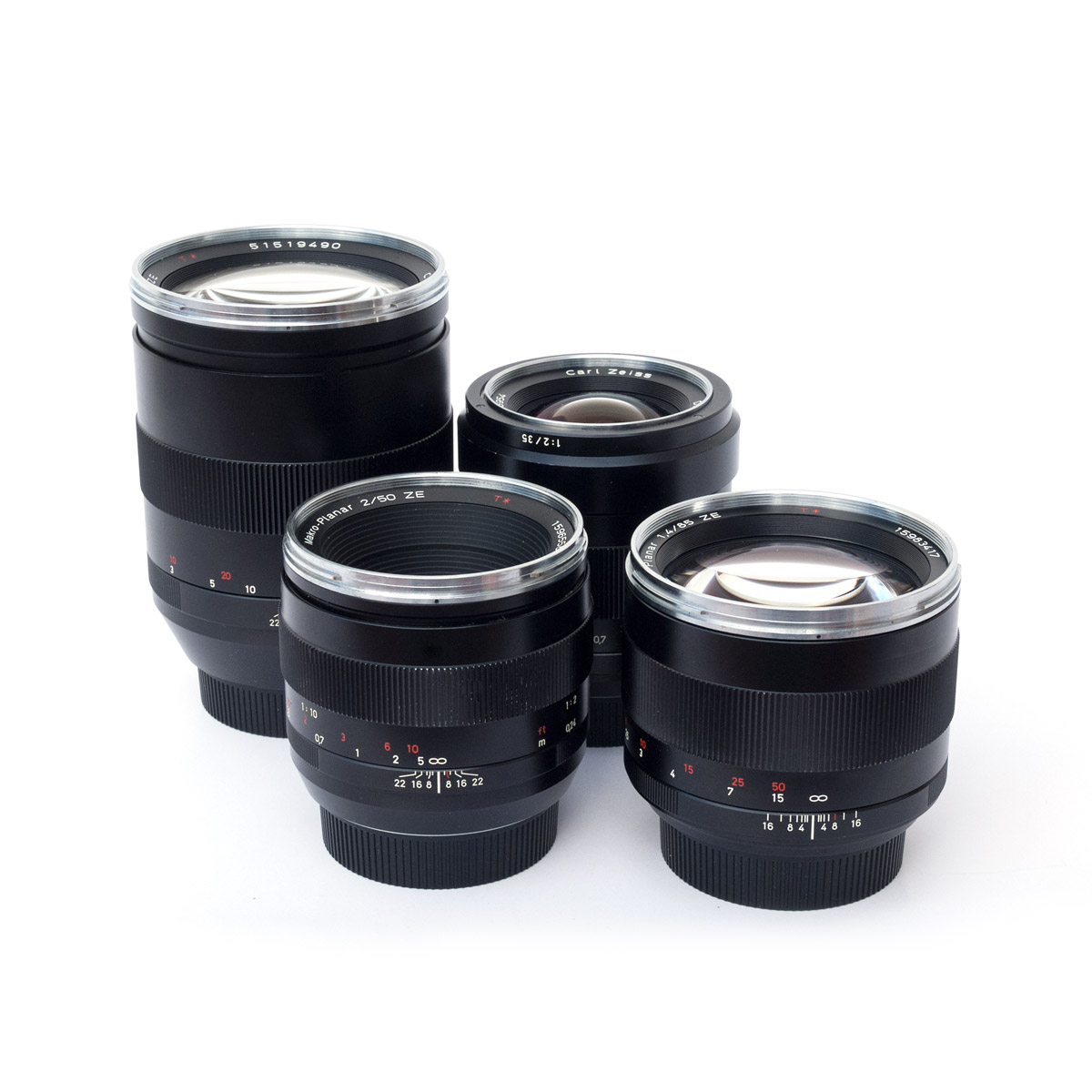 Set de Lentes ZEISS , Distagon 2/35 ZE, EF. Makro-Planar 2/50 ZE, EF. Planar 1.4/85, EF. Apo Sonnar 2/ 135 ZE, EF, renta por día